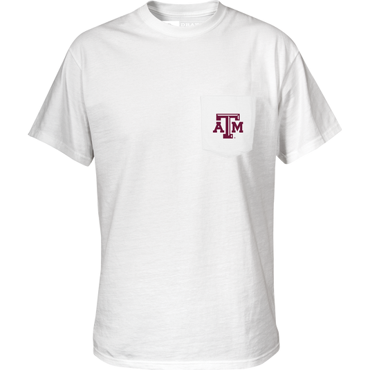 Texas A&M Saturdays T-Shirt: White cotton/poly blend tee with stylized logo saying "Saturdays are for" on the back, featuring school's name and logo in school colors. Front chest pocket proudly displays school's logo.