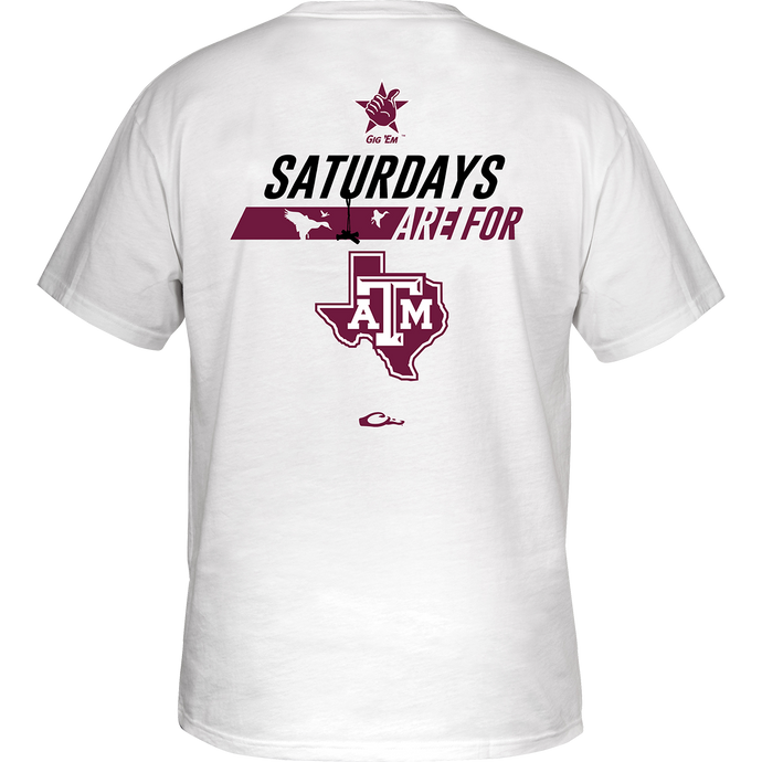 Texas A&M Saturdays T-Shirt: Back of white shirt with stylized purple text saying 