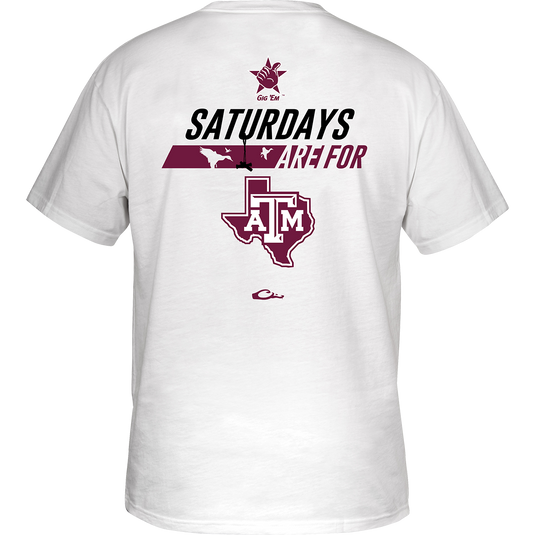 Texas A&M Saturdays T-Shirt: Back of white shirt with stylized purple text saying "Saturdays are for" and logo. Front features school logo on chest pocket.