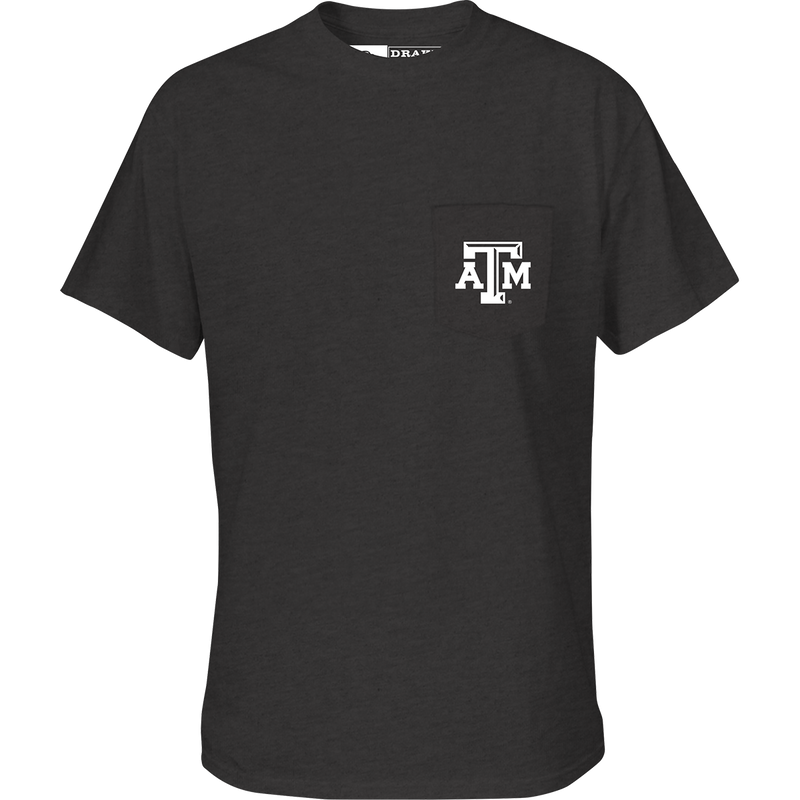 Texas A&M Cupped Up T-Shirt: A black shirt with a logo of a cupped up duck and other ducks in the background. Features your school's logo on the chest pocket and a catchphrase.