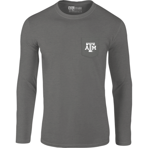 Texas A&M Sportsman T-Shirt: A long-sleeved shirt with a logo on the chest pocket. Back artwork showcases items used on 
