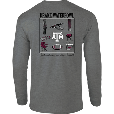 Texas A&M Sportsman T-Shirt: A long-sleeved grey shirt with a graphic design showcasing items used on 