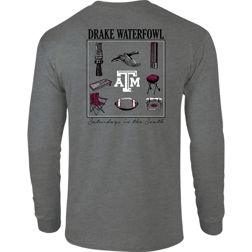 Texas A&M Sportsman T-Shirt: A long-sleeved grey shirt with a graphic design showcasing items used on 
