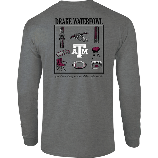 Texas A&M Sportsman T-Shirt: A long-sleeved grey shirt with a graphic design showcasing items used on 
