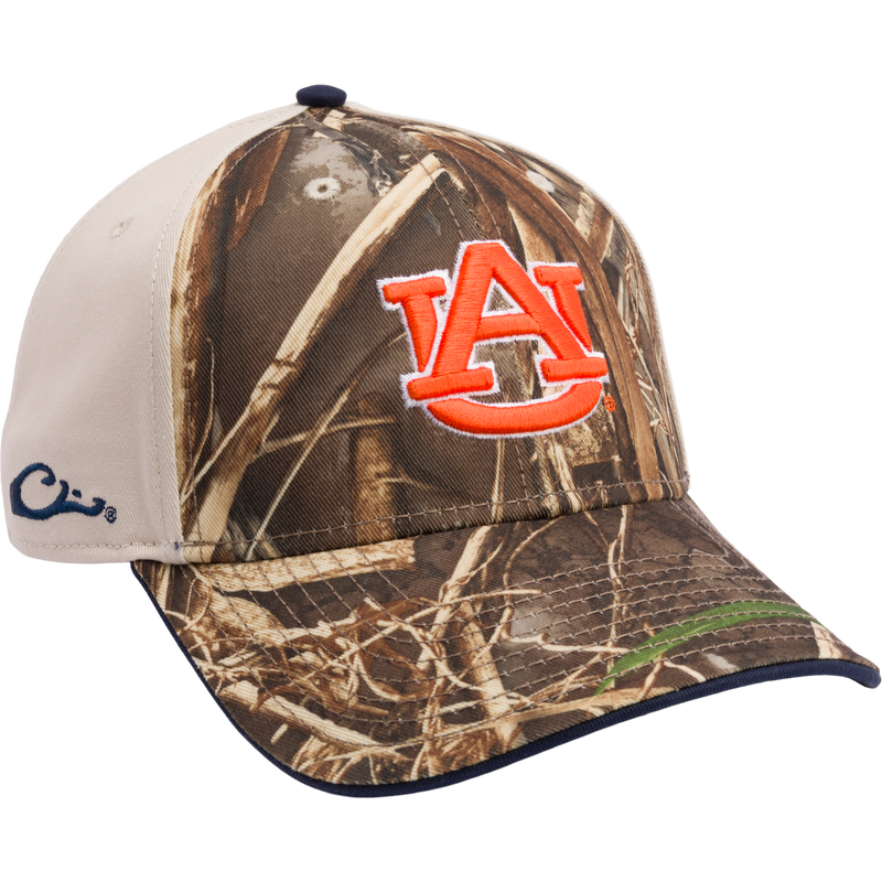 Auburn Max-7 Twill Cap from Drake Waterfowl: Realtree Max 7 Camo pattern, structured six-panel cap with 3D embroidered college logo, X-Peak visor, and adjustable closure.