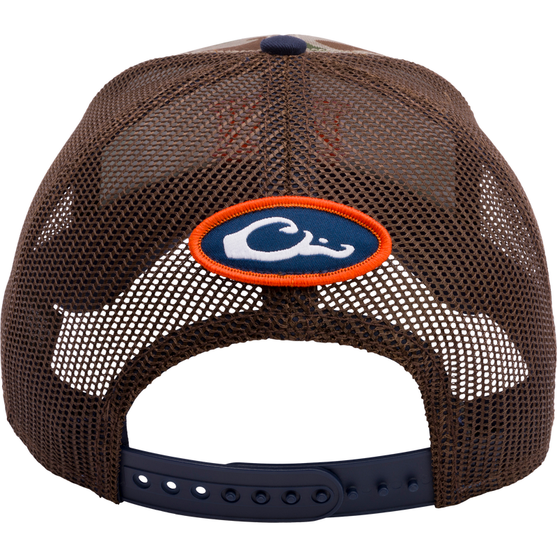 Auburn Old School Green Cap from Drake Waterfowl's Collegiate Series. Structured trucker cap with mesh panels, X-Peak visor, and embroidered 3D college logo. Back snap-back closure for adjustability.