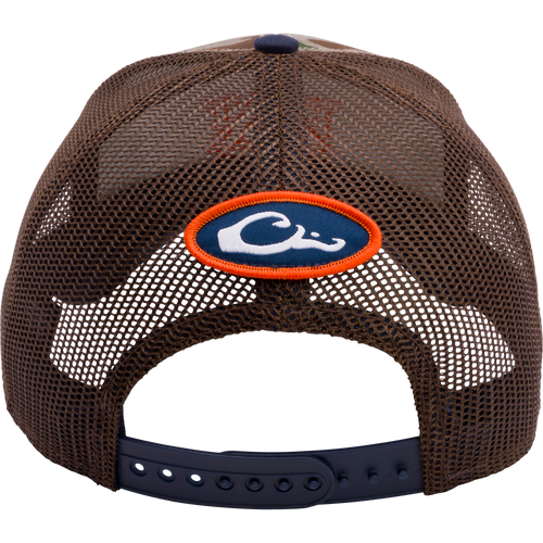 Auburn Old School Green Cap from Drake Waterfowl's Collegiate Series. Structured trucker cap with mesh panels, X-Peak visor, and embroidered 3D college logo. Back snap-back closure for adjustability.