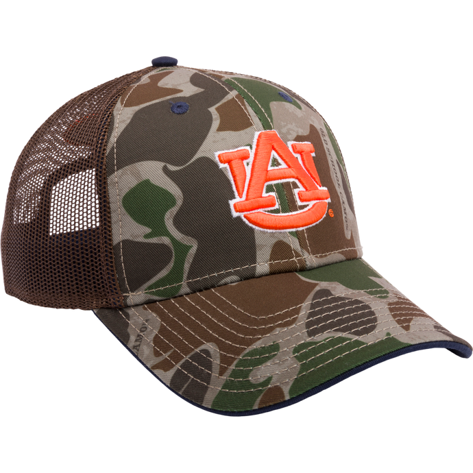 Auburn Old School Green Cap from Drake Waterfowl: Camo-patterned trucker hat with embroidered college logo, mesh back panels, and snap-back closure.