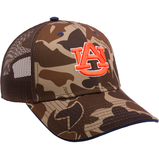 Auburn Old School Cap: Camouflage trucker hat with mesh back panels. Structured 6-panel design, X-Peak visor, embroidered college logo, adjustable snap-back closure. Ideal for hunting and outdoor activities.