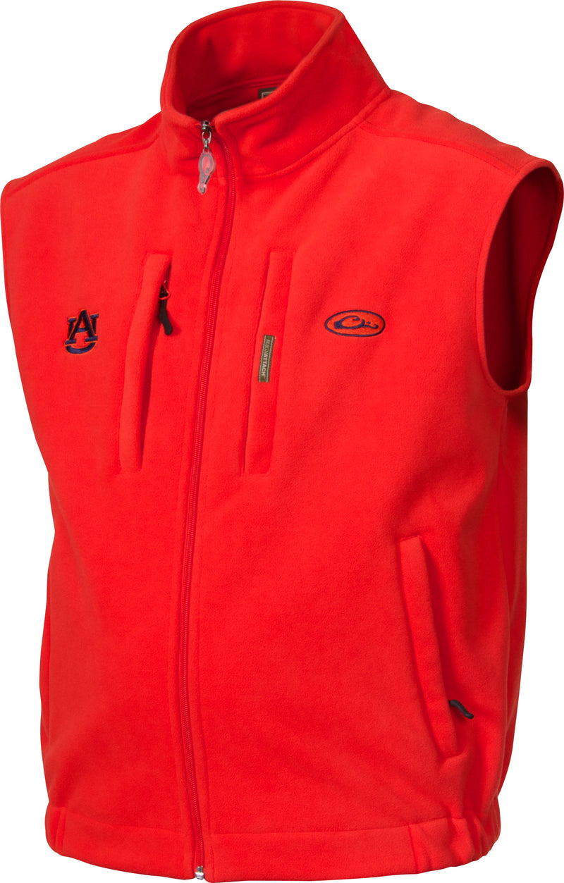 Auburn Windproof Layering Vest with red logo embroidery on right chest, featuring a stand-up collar, zippered pocket, and handwarmer pockets.
