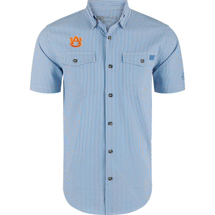 Auburn Frat Seersucker Short Sleeve Shirt with orange “AU” logo, featuring button-front, embroidered chest logo, and two flap pockets, ideal for game day style.
