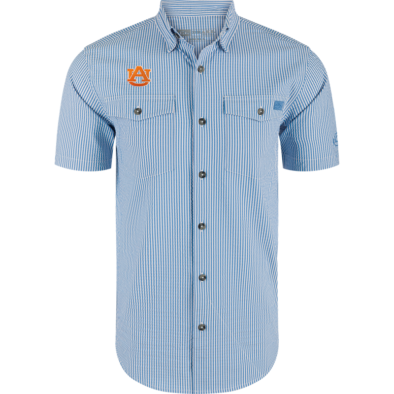 Auburn Frat Seersucker Short Sleeve Shirt with blue-and-white stripes, point collar, two flap chest pockets, and orange AU logo, ideal for game day.