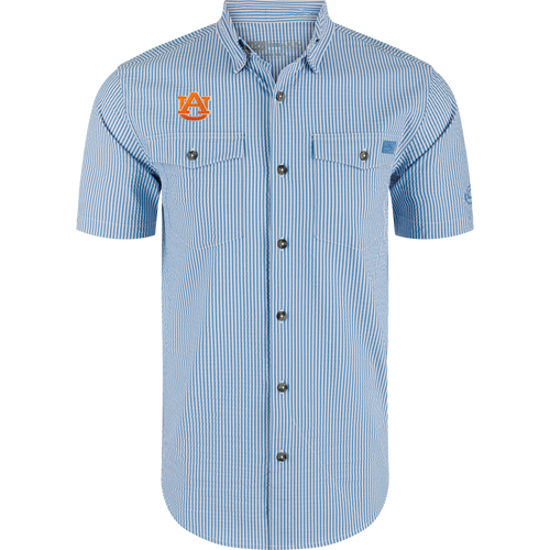 Auburn Frat Seersucker Short Sleeve Shirt with orange “AU” logo, featuring button-front, embroidered chest logo, and two flap pockets, ideal for game day style.