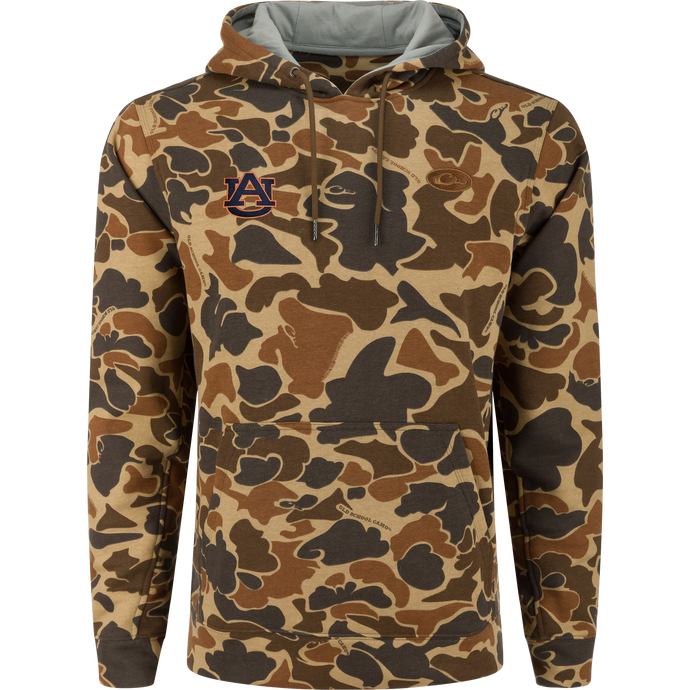 Auburn Three End Hoodie featuring a camouflage pattern with AU logo, kangaroo pocket, and adjustable drawstring hood, designed for comfort and durability in outdoor settings.