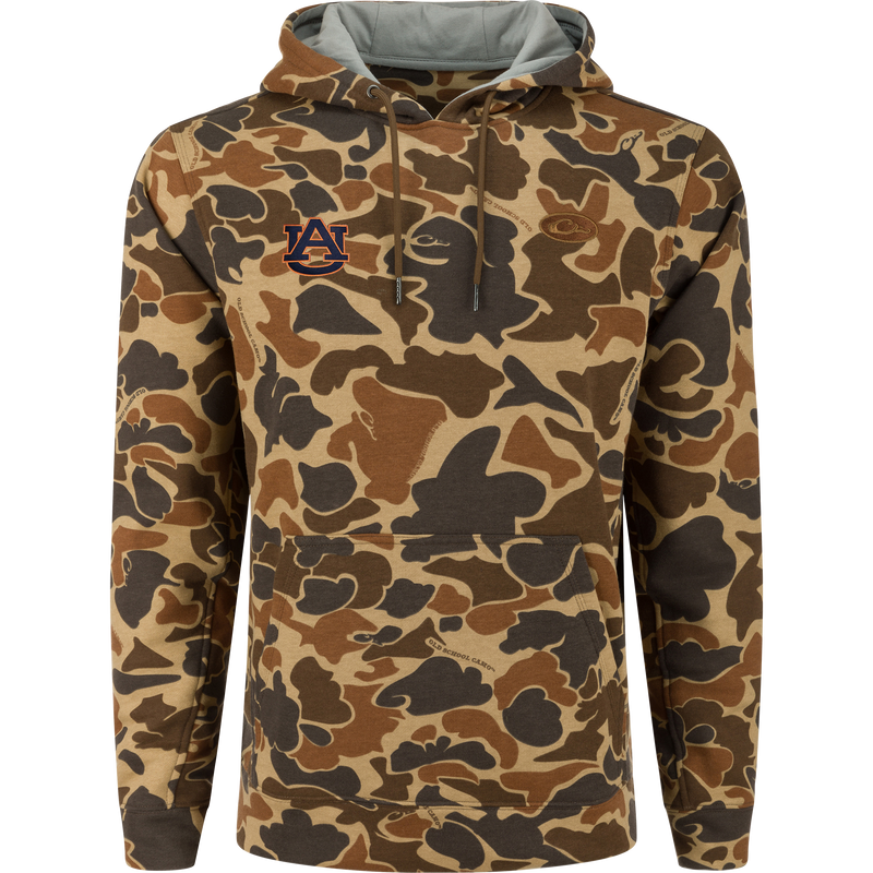 Auburn Three End Hoodie featuring a camouflage pattern with AU logo, kangaroo pocket, and adjustable drawstring hood, designed for comfort and durability in outdoor settings.