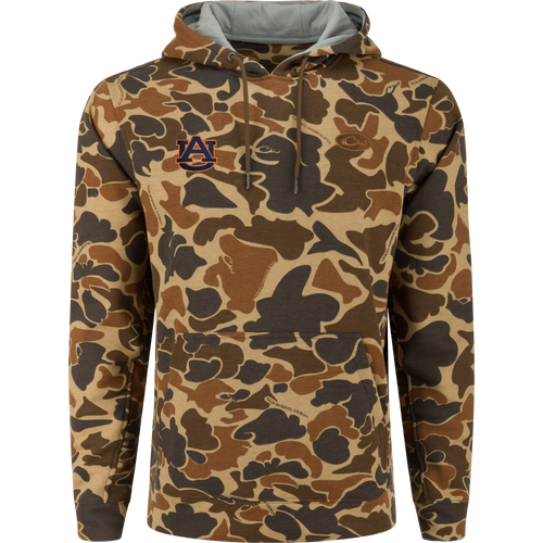 Auburn Three End Hoodie featuring a camouflage pattern with AU logo, kangaroo pocket, and adjustable drawstring hood, designed for comfort and durability in outdoor settings.