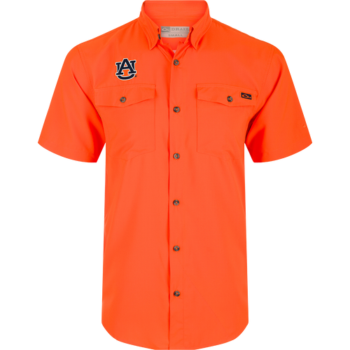 Auburn Frat Dobby Short Sleeve Shirt: Performance shirt with hidden button-down collar, vented cape back, and two chest pockets.