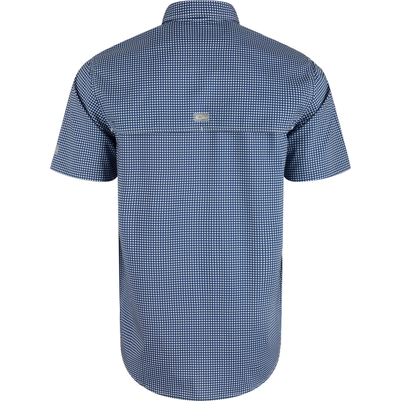 Auburn Frat Gingham shirt with back view, hidden collar, chest pockets, and vented cape back. Lightweight, moisture-wicking, and UPF30 for sun protection.