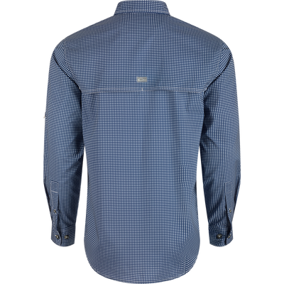 Auburn Frat Gingham Long Sleeve Shirt, back view, lightweight polyester/spandex blend, hidden button-down collar, vented cape back, adjustable roll-up sleeves.