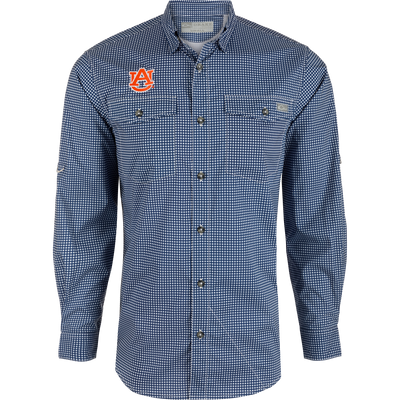 Auburn Frat Gingham Long Sleeve Shirt with hidden collar, chest pockets, and adjustable roll-up sleeves. Lightweight, moisture-wicking fabric with UPF30 sun protection.