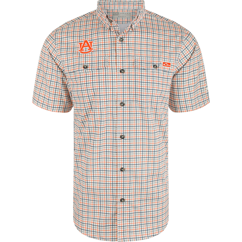 Auburn Frat Tattersall Short Sleeve Shirt, a plaid shirt with hidden button-down collar, chest pockets, and vented cape back. Lightweight, moisture-wicking, and UPF30 sun protection.