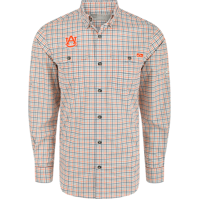 Auburn Frat Tattersall Long Sleeve Shirt with logo, plaid pattern, and hidden button-down collar. Lightweight, moisture-wicking fabric with UPF30 sun protection. Classic fit with vented cape back and adjustable roll-up sleeves.