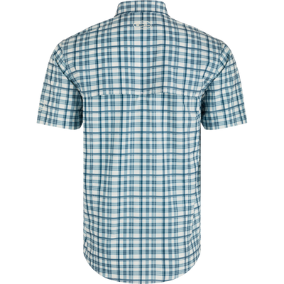 Auburn Hunter Creek Windowpane Plaid Shirt, back view, lightweight polyester with built-in cooling, stretch, UPF 30 sun protection, moisture-wicking, hidden button-down collar, vented cape back, chest pockets, sculpted hem.