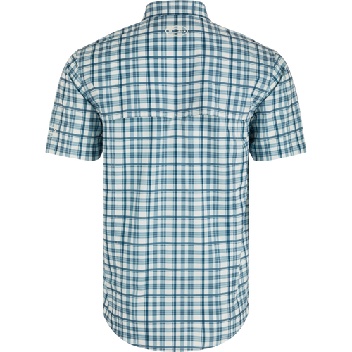 Auburn Hunter Creek Windowpane Plaid Shirt, back view, lightweight polyester with built-in cooling, stretch, UPF 30 sun protection, moisture-wicking, hidden button-down collar, vented cape back, chest pockets, sculpted hem.