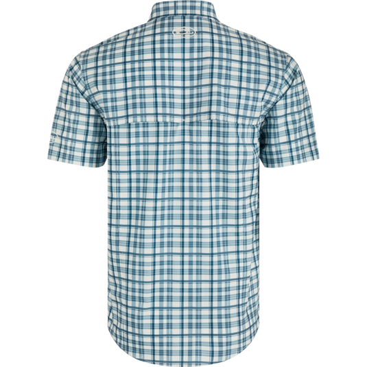 Auburn Hunter Creek Windowpane Plaid Shirt, back view, lightweight polyester with built-in cooling, stretch, UPF 30 sun protection, moisture-wicking, hidden button-down collar, vented cape back, chest pockets, sculpted hem.