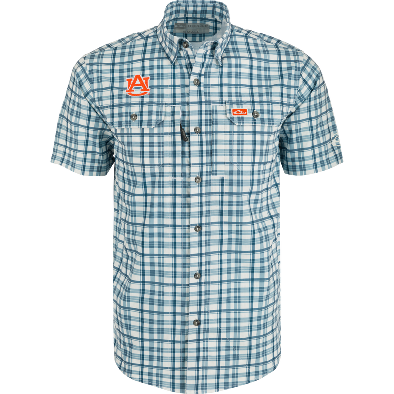 Auburn Hunter Creek Windowpane Plaid Short Sleeve Shirt - A lightweight, moisture-wicking shirt with hidden button-down collar and vented cape back.