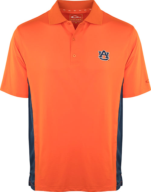 Auburn Performance Polo with Mesh Sides: An orange polo shirt featuring the official Alabama logo on the left chest. Made with moisture-wicking fabric and breathable mesh side panels for optimal comfort. Perfect for active fans.