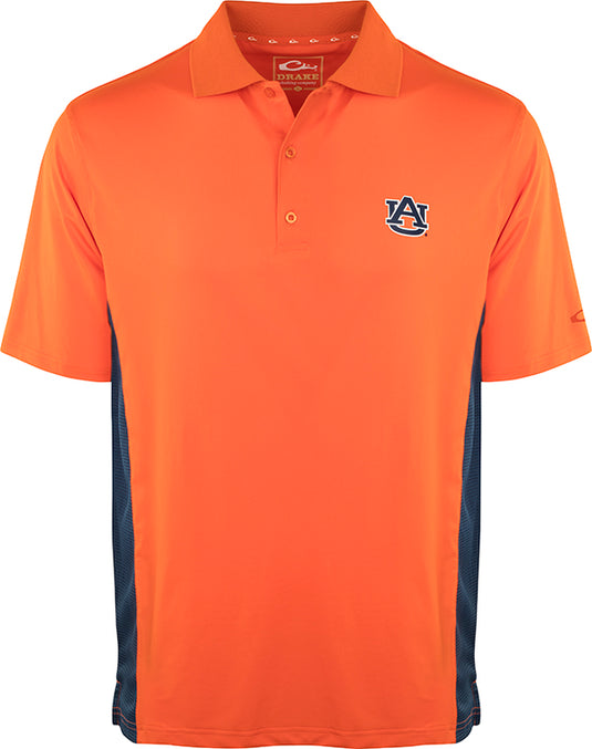 Auburn Performance Polo with Mesh Sides: An orange polo shirt featuring the official Alabama logo on the left chest. Made with moisture-wicking fabric and breathable mesh side panels for optimal comfort. Perfect for active fans.