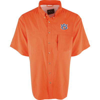 Auburn S/S Mesh Back Flyweight Shirt with embroidered AU logo, designed for breathability and quick-drying. Features vented mesh back and velcro chest pockets.