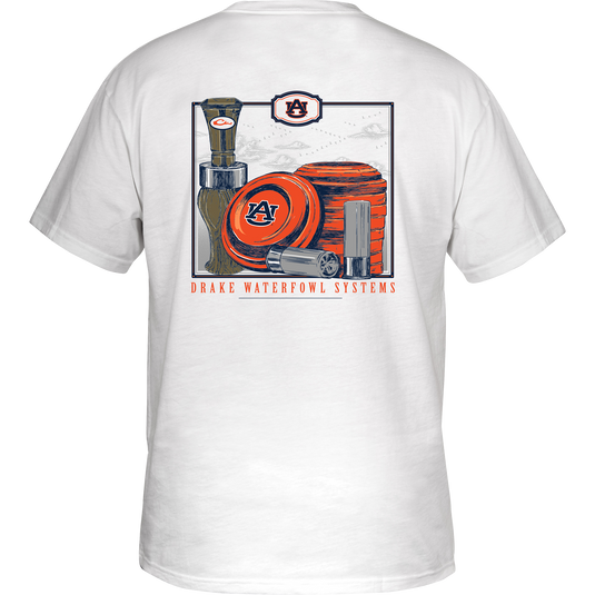 Auburn Clay & Call T-Shirt, back view of white shirt with Auburn logo, clays, shells, and a call design. College team spirit and Drake brand.