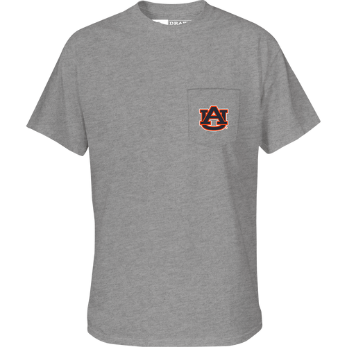 Auburn Beach T-Shirt: Grey tee with a college team logo on the chest pocket and a beach scene featuring the logo on the back.
