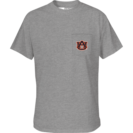 Auburn Beach T-Shirt: Grey tee with a college team logo on the chest pocket and a beach scene featuring the logo on the back.