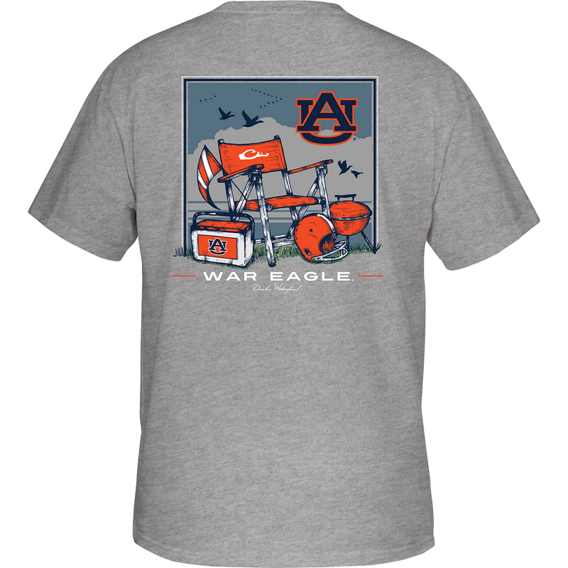 Auburn Beach T-Shirt: Back of a grey t-shirt with a picnic table and flag design. Front features Auburn logo on chest pocket.