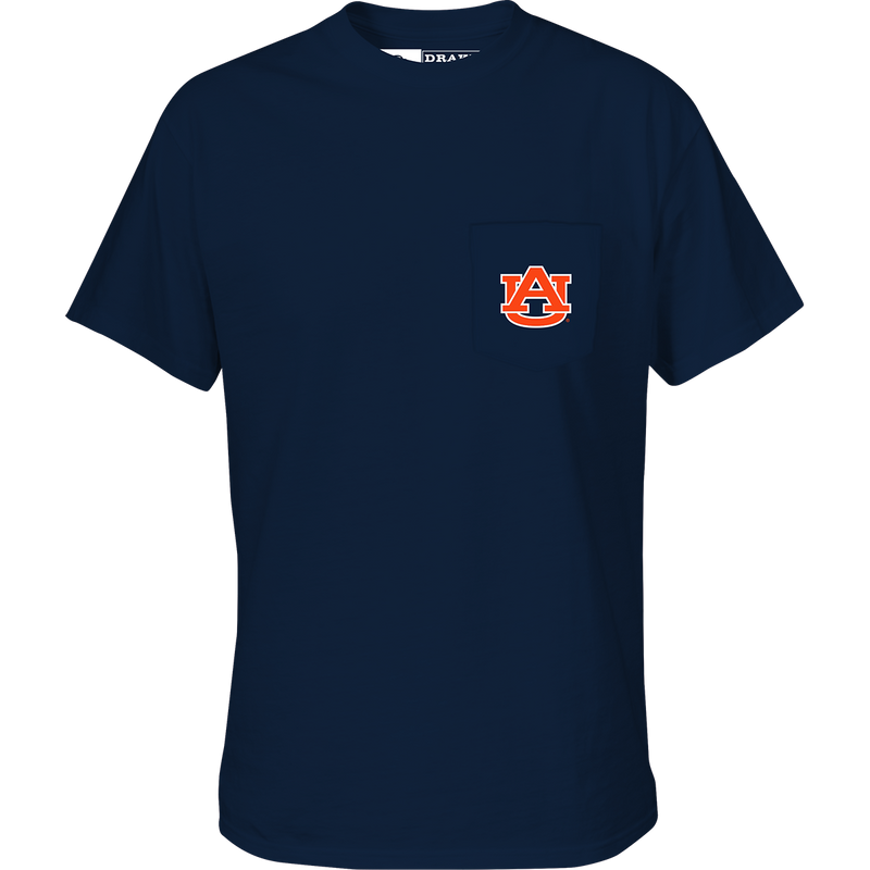 Auburn Black Lab T-Shirt with school logo on front pocket and black lab head scene on back with school's logo, name, and 