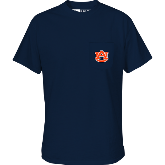 Auburn Black Lab T-Shirt with school logo on front pocket and black lab head scene on back with school's logo, name, and "Drake Waterfowl" text.