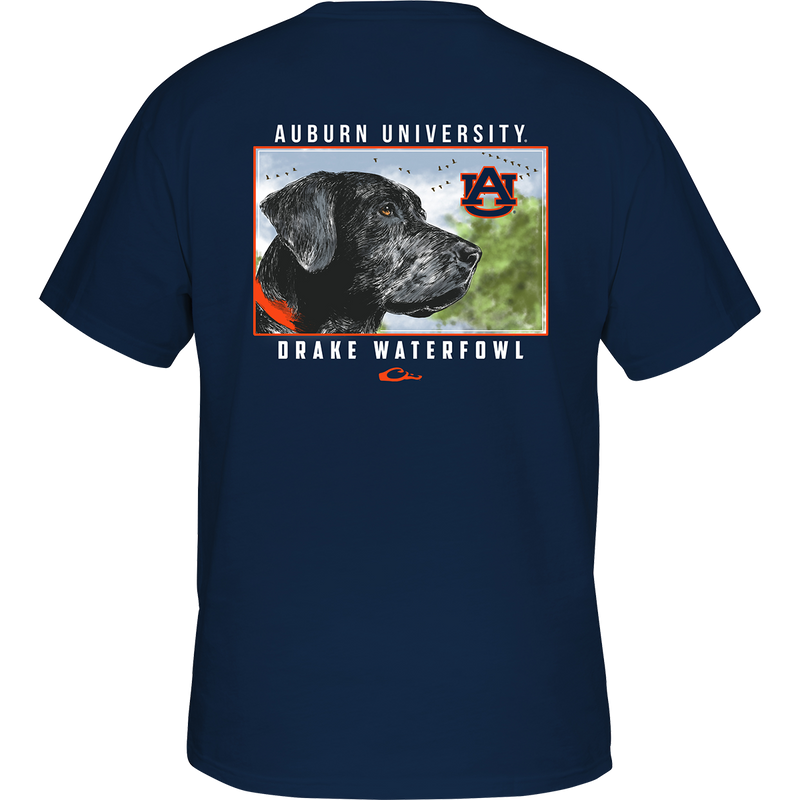 Auburn Black Lab T-Shirt: Back of a blue shirt with a black lab head scene and school logo. Front features school logo on chest pocket.