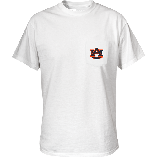 Auburn Saturdays T-Shirt: White shirt with logo on pocket and back. Cotton/poly blend tee with school's name and logo in school colors.