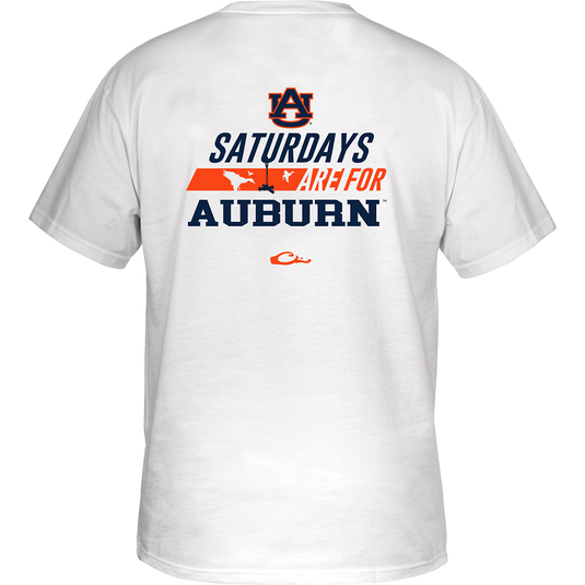 Auburn Saturdays T-Shirt: Back of a white shirt with a stylized logo saying "Saturdays are for" and your school's name and logo in your school's colors. Front features your school's logo on the chest pocket.