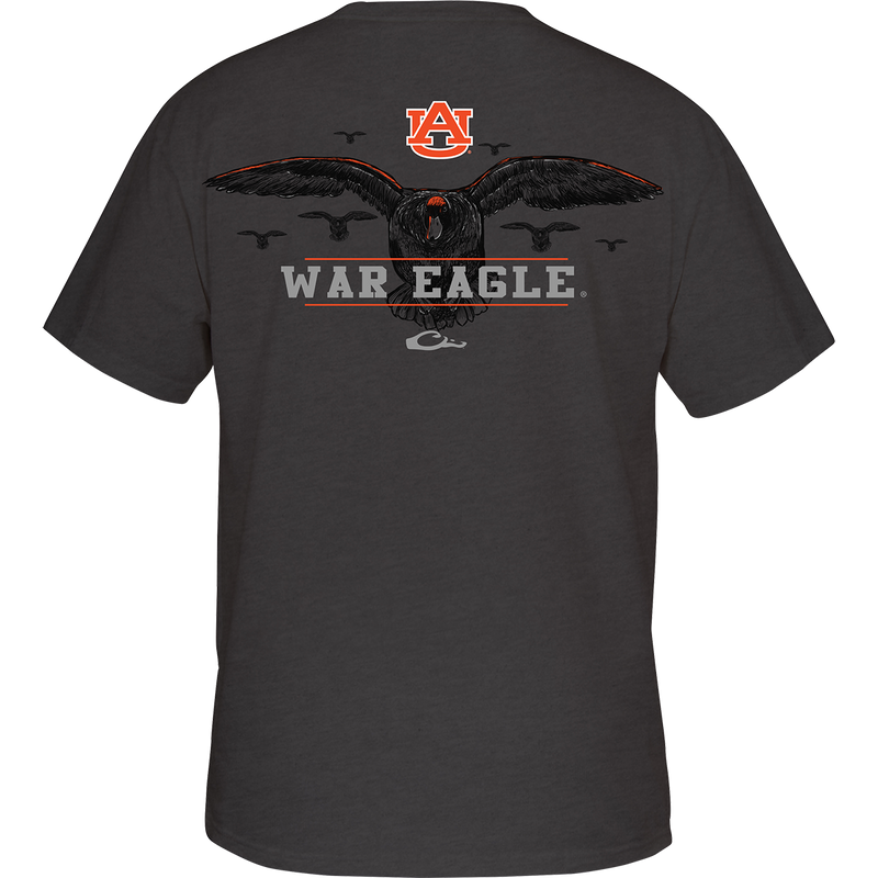 Auburn Cupped Up T-Shirt: Back of a grey shirt with a logo and duck artwork featuring your school's catch phrase. Front showcases your school's logo on the chest pocket.