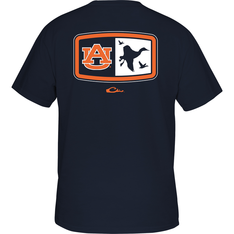 Auburn Drake Badge T-Shirt with logo of flying birds on the back and a pocket on the front chest. Show your Auburn spirit!