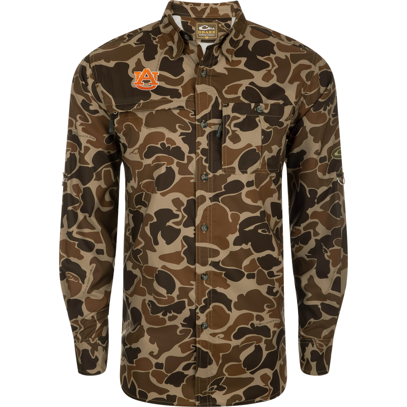 Clemson 8-Shot Long Sleeve Shirt with brown-tan camo, Auburn University logo, dual chest pockets, lightweight ripstop fabric, classic point collar.