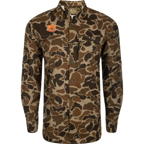 Clemson 8-Shot Long Sleeve Shirt with brown-tan camo, Auburn University logo, dual chest pockets, lightweight ripstop fabric, classic point collar.