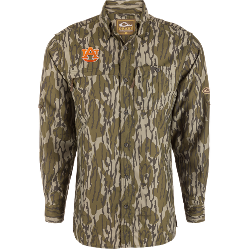 Clemson 8-Shot Long Sleeve Shirt with tree bark camo pattern, Auburn patch, vented cape back, two chest pockets, and hidden zippers, ideal for hunting.