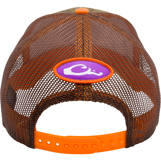 Clemson Bottomland Mesh Back Cap by Drake Waterfowl: Mossy Oak Bottomland Camo pattern on a structured trucker hat with embroidered college logo and adjustable snap-back closure.