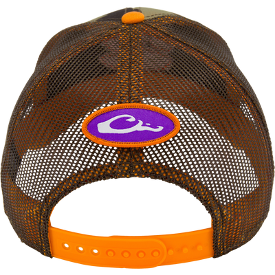 Clemson Old School Cap featuring a brown mesh crown with orange trim, snap closure, and a purple Cj logo, designed in a structured, low-profile trucker style.
