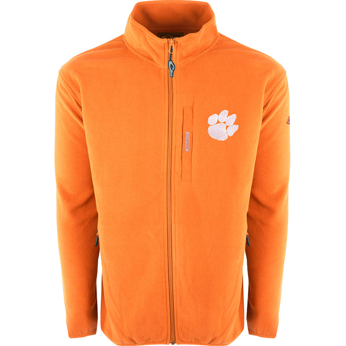 Clemson Full Zip Camp Fleece: Midweight orange jacket with white paw print. Features Clemson logo on right chest. Perfect for cool fall days.